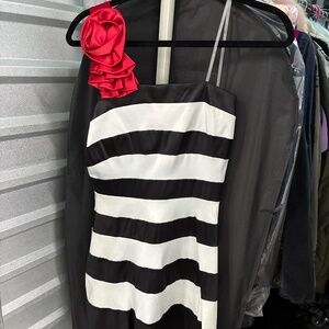 Silky Striped One Shoulder Mini with Red Rosette Strap Retro